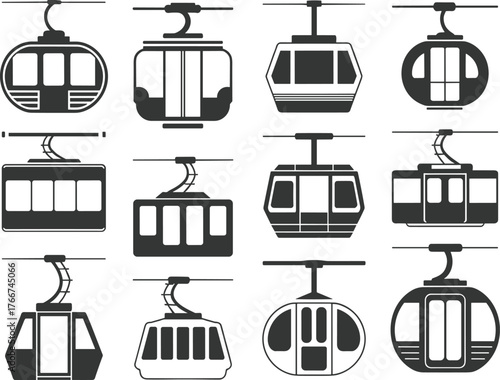 Cable car icons set, gondola vector silhouettes, aerial transport cabins, ski lift symbols, mountain transit illustration, black and white graphic elements