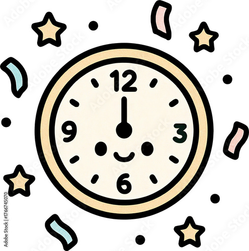 Cute Clock Clipart with Smiling Face and Colorful Stars on Black Background for Celebrations.