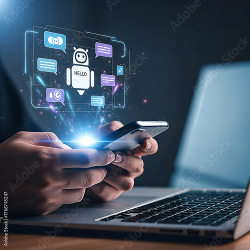 AI Chatbot Interface on Smartphone with Laptop in Dark, Futuristic Setting