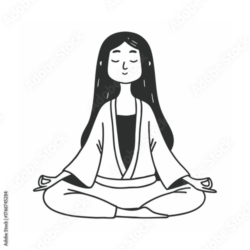 Serene woman in traditional attire meditating in lotus pose with eyes closed