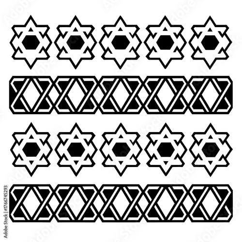 Geometric star and interlocking band patterns in black and white