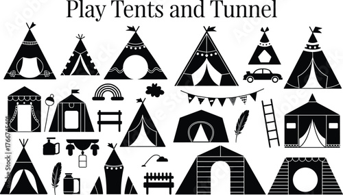 Play tents and tunnel silhouette set, kids indoor outdoor camping toys, teepee dome canopy, accessories for children playtime, vector illustration