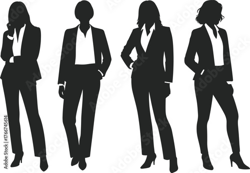 Business people silhouette, professional team in suits, corporate fashion, confident posture, formal attire, workplace diversity, vector illustration, isolated on white