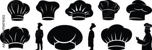Chef hats silhouette vector, black cooking icons, culinary profession clipart, kitchen staff illustration, restaurant uniform design, food service graphics