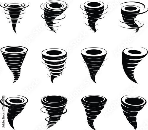 Tornado icon set, whirlwind vector collection, storm swirl illustrations, abstract cyclone symbols, black and white twister graphics, stylized weather elements