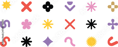 Colorful abstract symbol grid, vibrant geometric icons, modern decorative shapes, playful vector elements, creative design assets for UI, branding, and pattern use