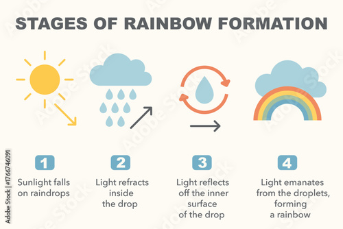 Infographic Stages of rainbow formation. Suitable for school lessons and scientific presentations.