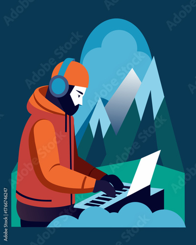 A solitary worker bundled in layers of clothing to combat the chilly mountain air their fingers never missing a beat on their keyboard.. Vector illustration