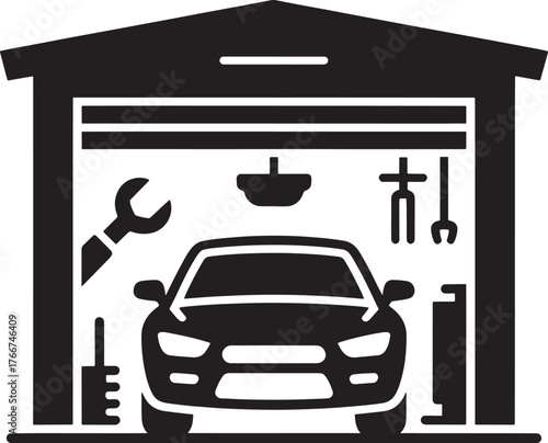 Car being repaired in garage inside a well equipped garage workshop line art royalty free premium quality