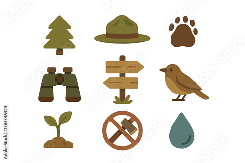 Set of nature and outdoor recreation flat icons for hiking and conservation