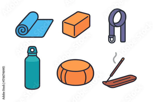Flat style icons representing yoga and meditation equipment essentials