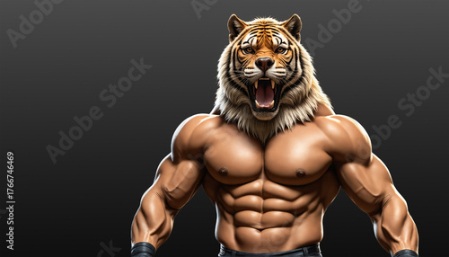 Buff Bodybuilder with a Tiger head. Representing masculinity and virility.
