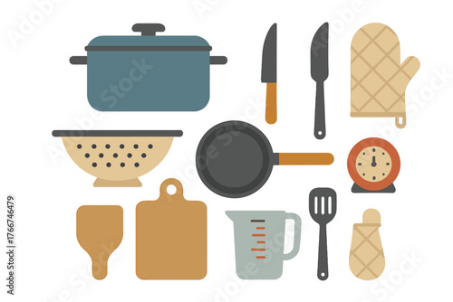 Set of essential kitchen cooking utensils and cookware symbols