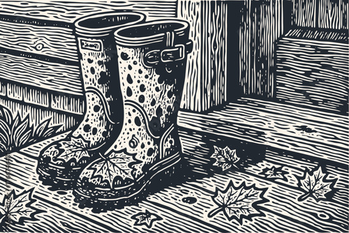 Muddy rain boots with polka dots on a wooden porch with autumn leaves. Cozy fall scene in a vintage woodcut or linocut print style.