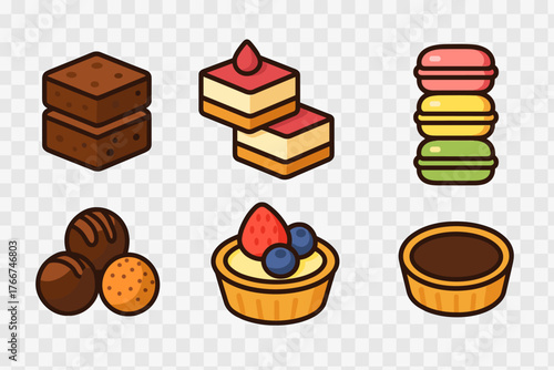 Assortment of sweet dessert icons featuring brownies, cake slices, macarons, and tarts