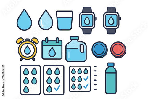 Set of icons for tracking daily water intake and hydration progress