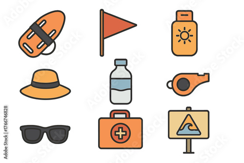 Essential lifeguard and beach safety equipment icons collection