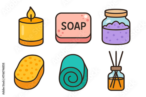 Spa and bath accessories icons for relaxation and personal hygiene