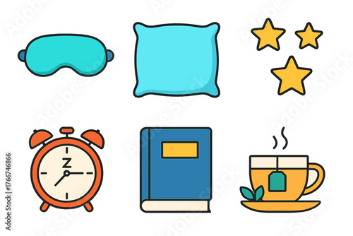Collection of line icons for sleep hygiene and bedtime routine elements