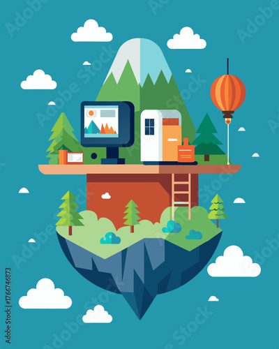 A unique blend of work and vacation where nature and technology come together in a floating home office.. Vector illustration