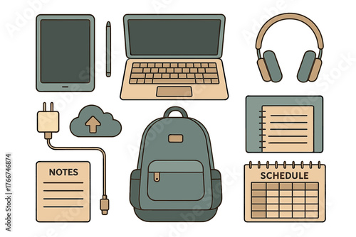 Modern digital and analog school or work supplies icons set