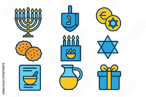 Set of Hanukkah holiday celebration icons featuring menorah dreidel and presents