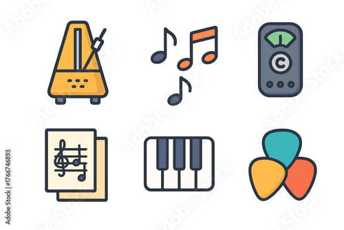 Collection of colorful music practice and instrument accessories icons