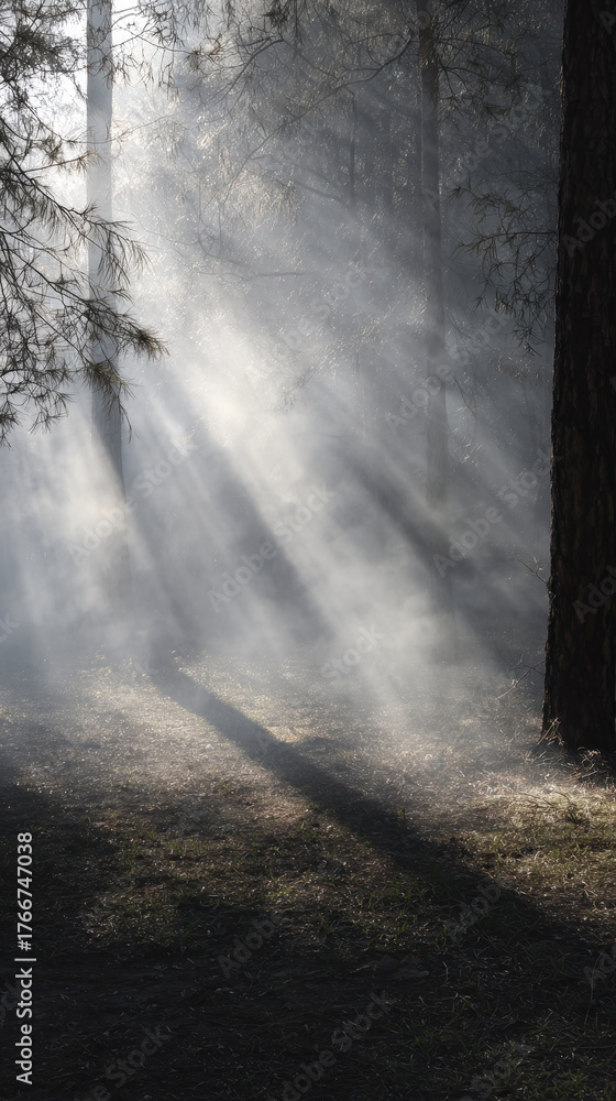 Fototapeta premium Misty forest, sun rays, smoke, shadows, pine, tranquil mood in morning woodland clearing