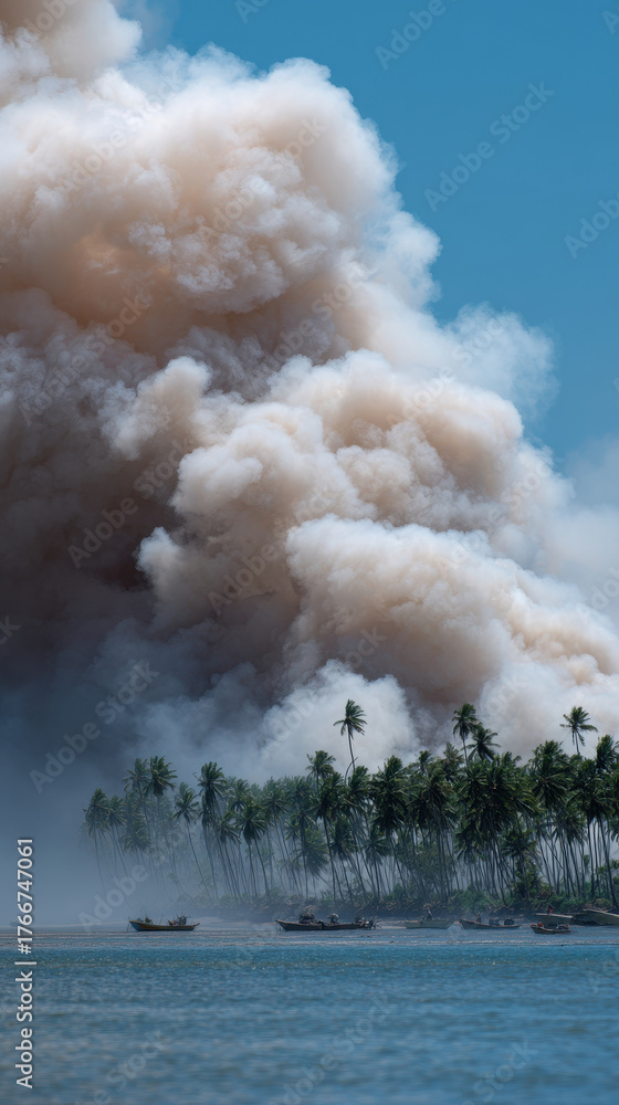 Fototapeta premium Smoke plume remote island palm trees coastline boats