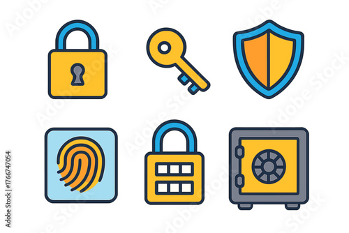 Set of security and access control icons featuring padlock key shield and fingerprint