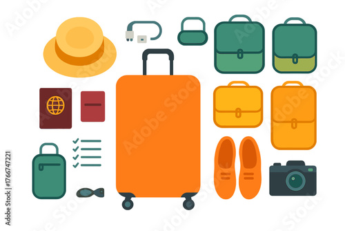 Set of essential travel luggage and vacation accessories flat icons