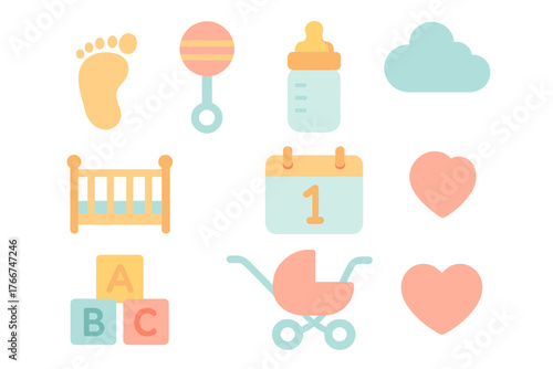 Cute pastel icons set for baby care and infancy items