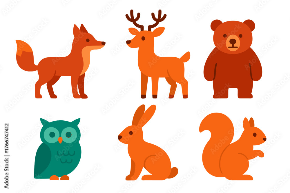 Fototapeta premium Set of cute stylized forest animal icons including fox, deer, bear, owl, rabbit, and squirrel