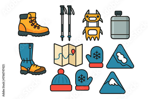 Colorful icons representing mountaineering and winter hiking equipment