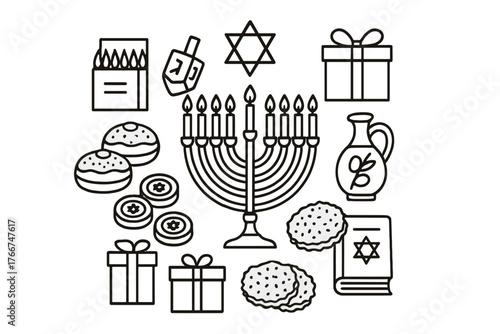 Collection of Hanukkah holiday symbols featuring menorah dreidel gifts and food icons
