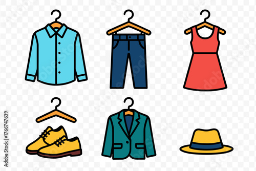 Assortment of colorful apparel and accessory icons displayed on hangers