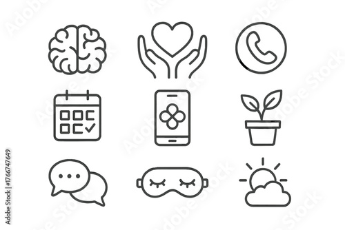 Line icons set for mental health self care and wellness concepts