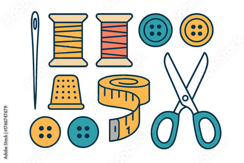 Sewing notions collection with thread spools buttons thimble tape measure and scissors