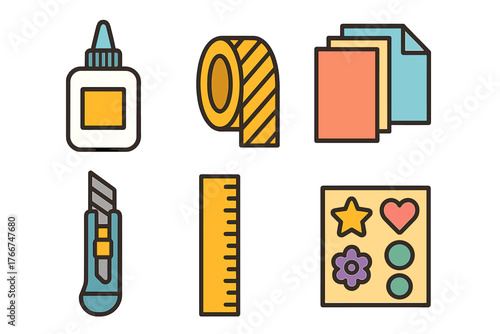 Colorful flat icons representing essential tools for crafting and hobby projects