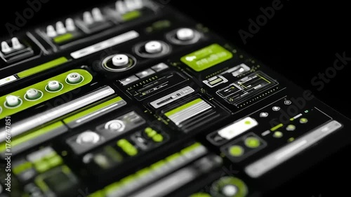 Futuristic interface with glowing neon green elements on black surface background
