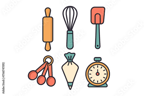 Colorful icons of baking and pastry tools for culinary preparation