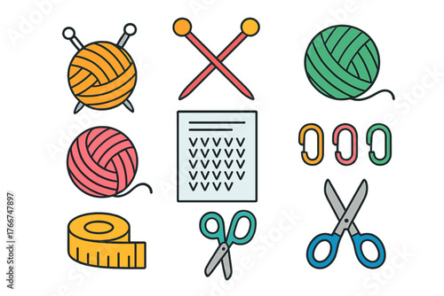 Knitting and sewing craft supplies icons set for hobby projects