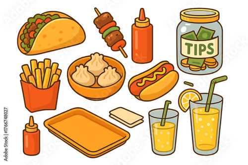 Popular street food items and condiments assortment with tip jar