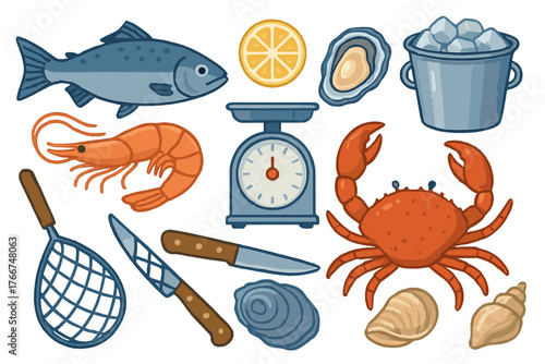Fresh assortment of raw seafood ingredients and professional kitchen tools