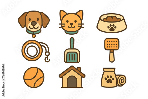 Set of cute pet care and accessory icons featuring dog and cat supplies
