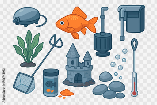 Set of essential aquarium supplies and fish tank equipment icons