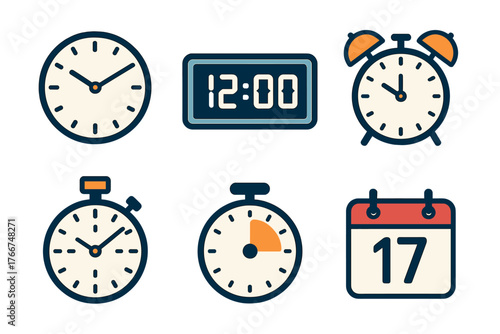 Set of time management symbols featuring analog clock, digital display, and calendar