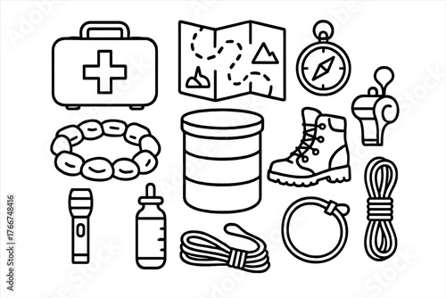 Essential outdoor adventure and survival gear icons set