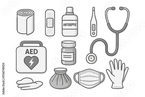 Essential medical first aid and emergency equipment icons collection