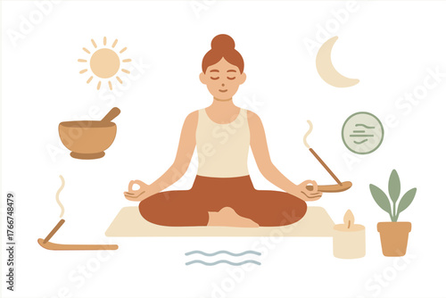 Serene woman practicing lotus pose meditation with aromatherapy and natural elements